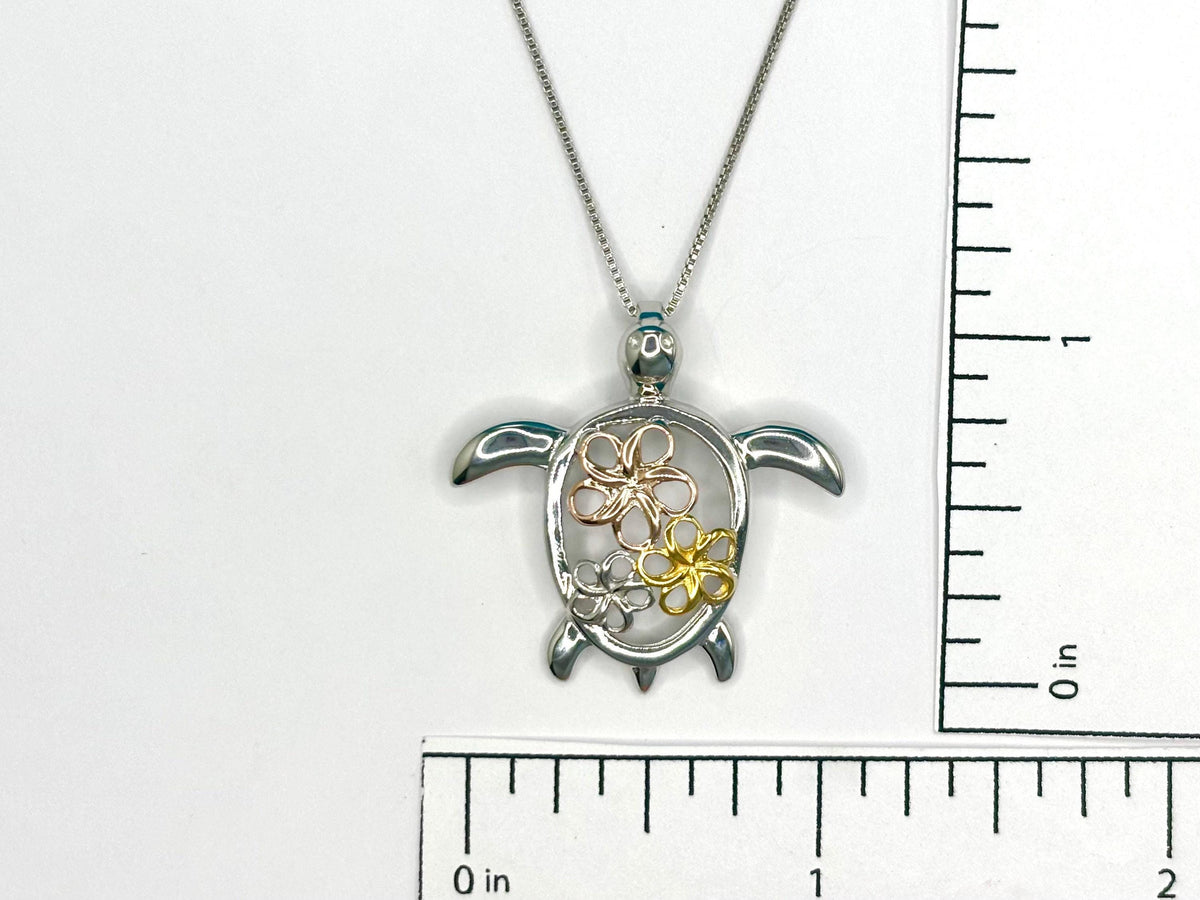 Hawaiian Turtle Necklace, 3-Color Plumeria Honu, 925 Silver Gifts, gift for her, grandma necklace, mothers day – handmade Hawaiian jewelry, Island Goddess Jewelry