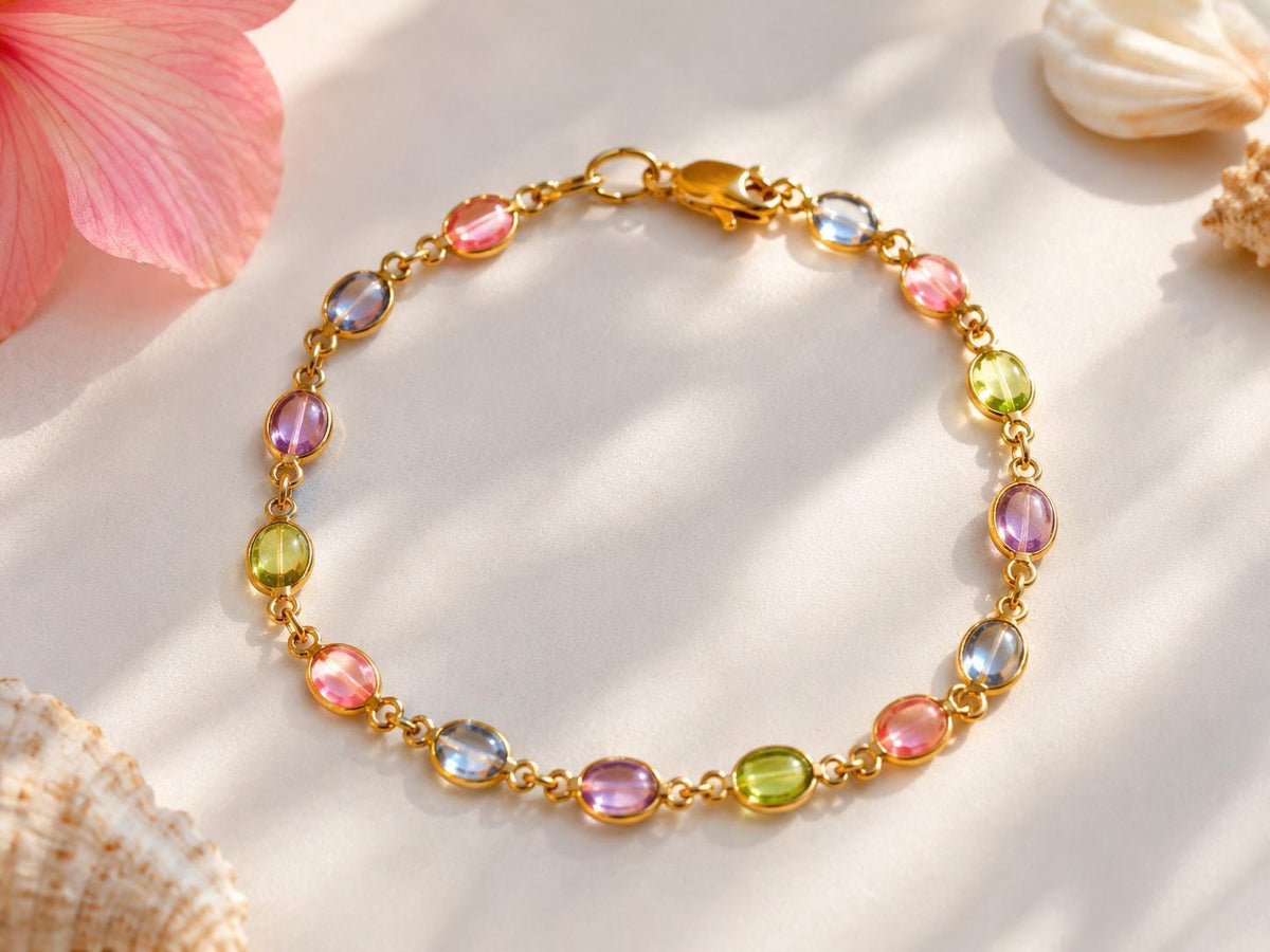 Dainty Gold Gemstone Bracelet, Pastel CZ Chain, Hawaii Made Gift, gift for her, 7th anniversary gift, best friend bracelet – handmade Hawaiian jewelry, Island Goddess Jewelry