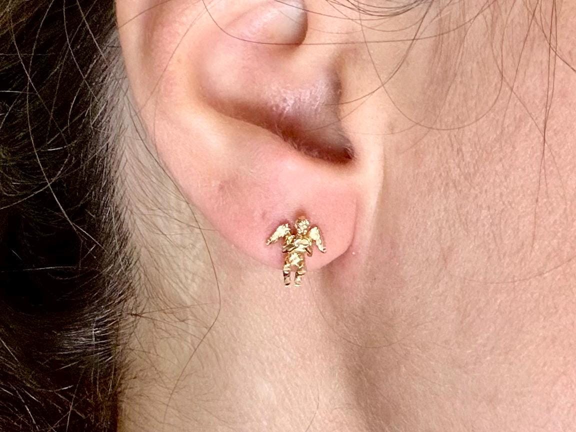 14K Solid Gold Guardian Angel Stud Earrings Loving Angel Earrings Gold Earring Valentines Gift for her Birtday Gift for Mom Protective Studs