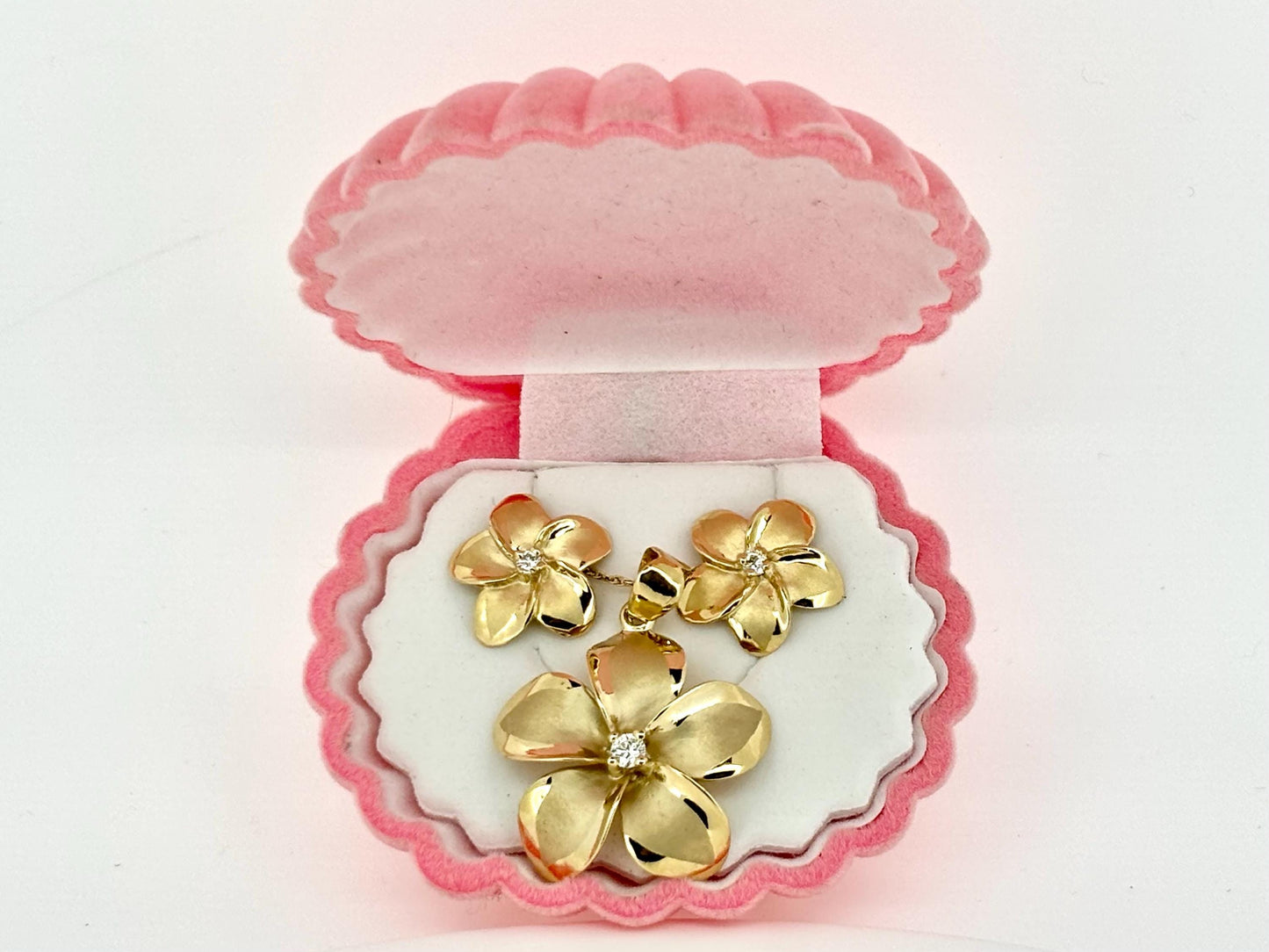 14K Solid Gold Plumeria Pendant Earrings Set Flower Pendant Necklace Gold Pendant Birthday Gift for her Flower Necklace Jewelry Set