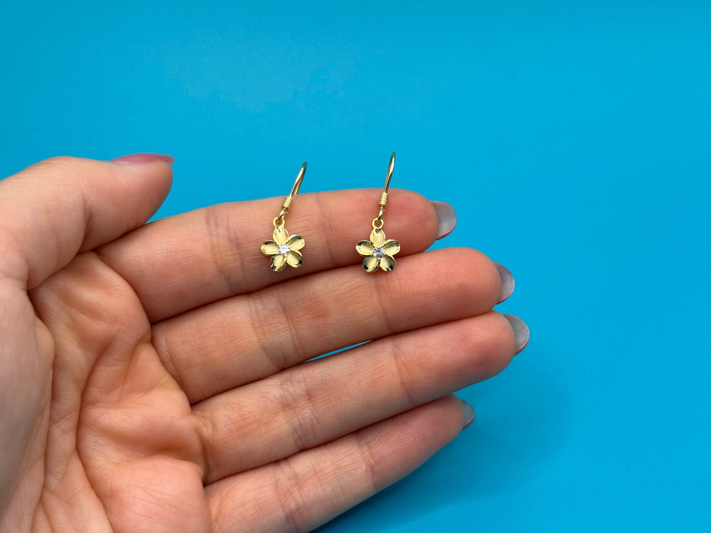 Hawaiian 925 Sterling Silver 14k Gold Plated Plumeria Hanging Earrings Cute Gift for Wife Flower Mom Girlfriend sister Stone shiny CZ