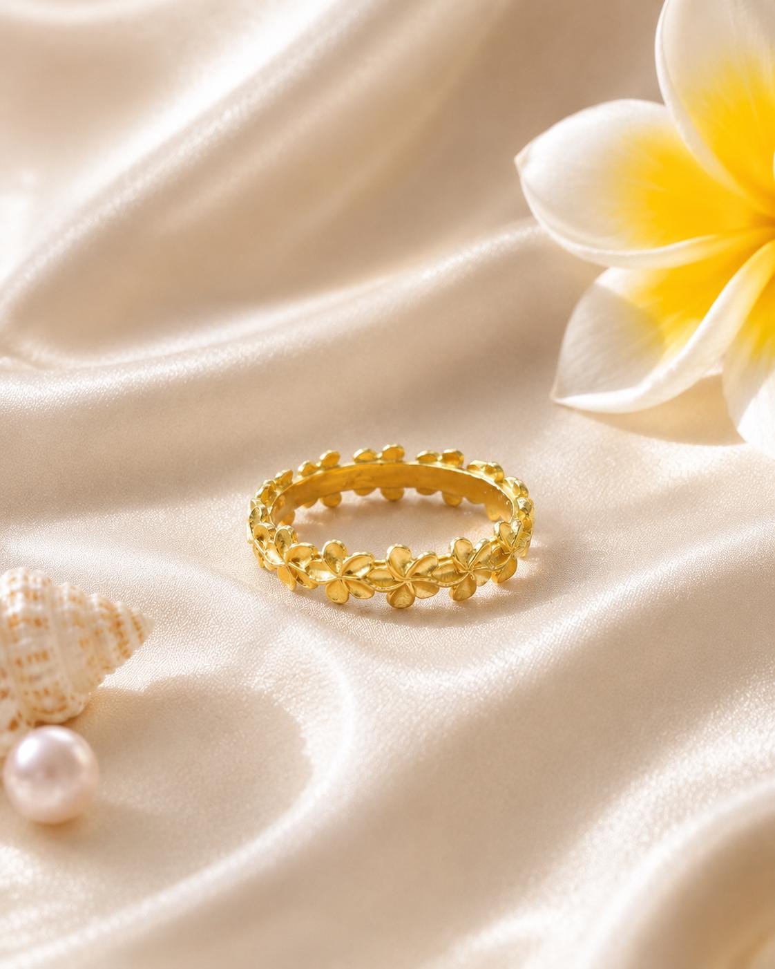 Plumeria Flower Ring | 14K Gold Plated, Stackable CZ Nature Ring, gift for her, adjustable ring, gift – handmade Hawaiian jewelry, Island Goddess Jewelry
