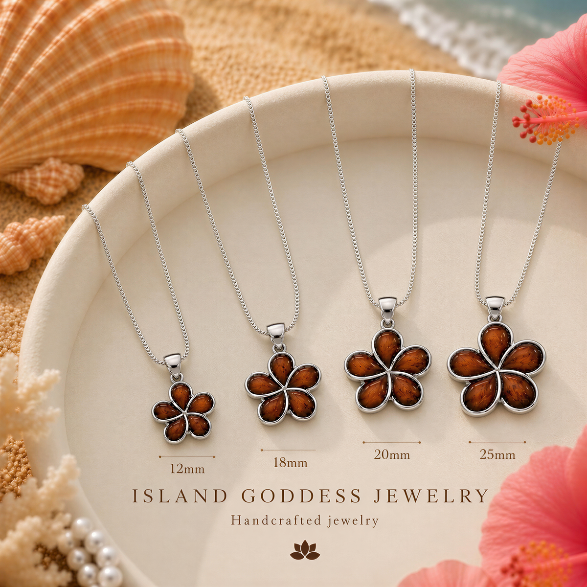 The image showcases a collection of handcrafted jewelry, including necklaces and pendants, featuring various sizes and designs. The jewelry appears to be made of silver and adorned with flower-shaped pendants. The image is a collage of multiple images, and the text "ISLAND GODESS JEWELRY Handcrafted jewelry" is displayed, indicating the type of jewelry featured.