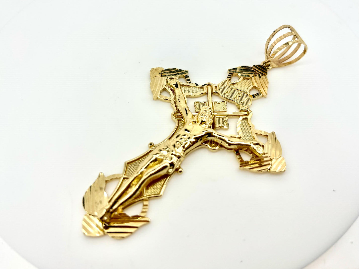 14K Solid Yellow Gold Cross Necklace Jesus Christ Pendant Giant Elegant Christian Gift for her Chritian Gift for Wife Christmas Gift