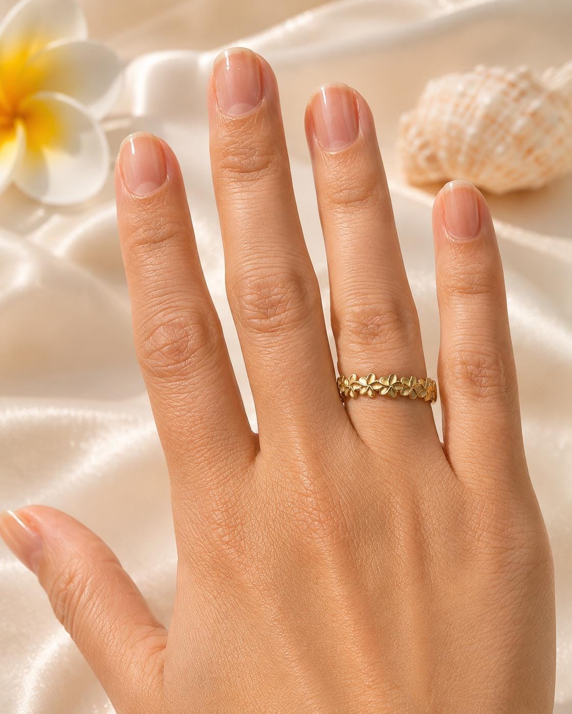 Plumeria Flower Ring | 14K Gold Plated, Stackable CZ Nature Ring, gift for her, adjustable ring, gift – handmade Hawaiian jewelry, Island Goddess Jewelry