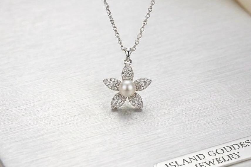 Plumeria Flower Necklace, Pearl Jewelry, Hawaii Gift For Her Set