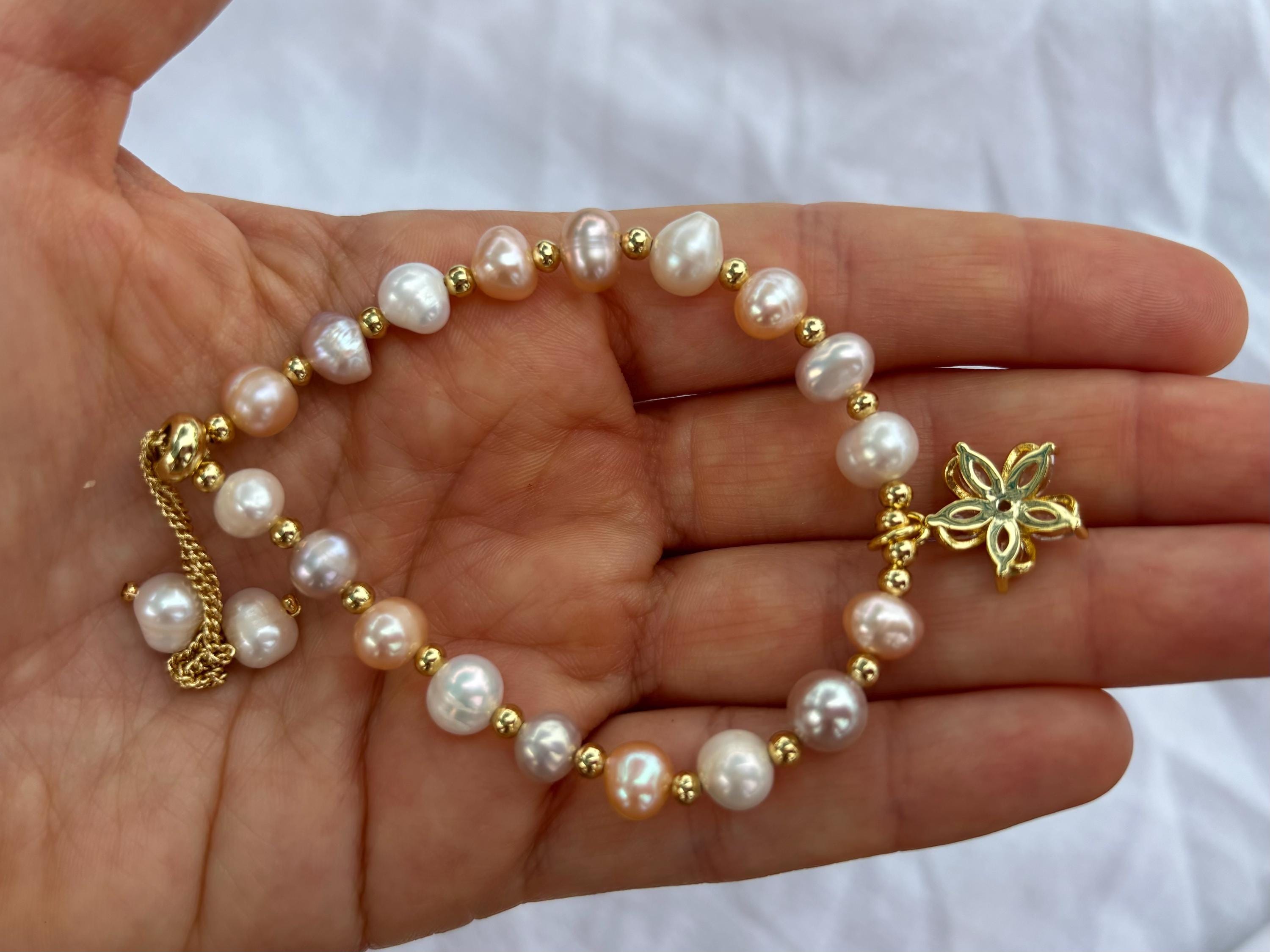Tri-Color Pearl Bracelet with Flower Charm