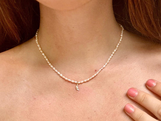 Gold Moon Necklace Genuine Freshwater White Pearl Necklace Spirit Gift for Girlfriend Celestial Gold Filled Tarnish Free Dainty Gift For Her