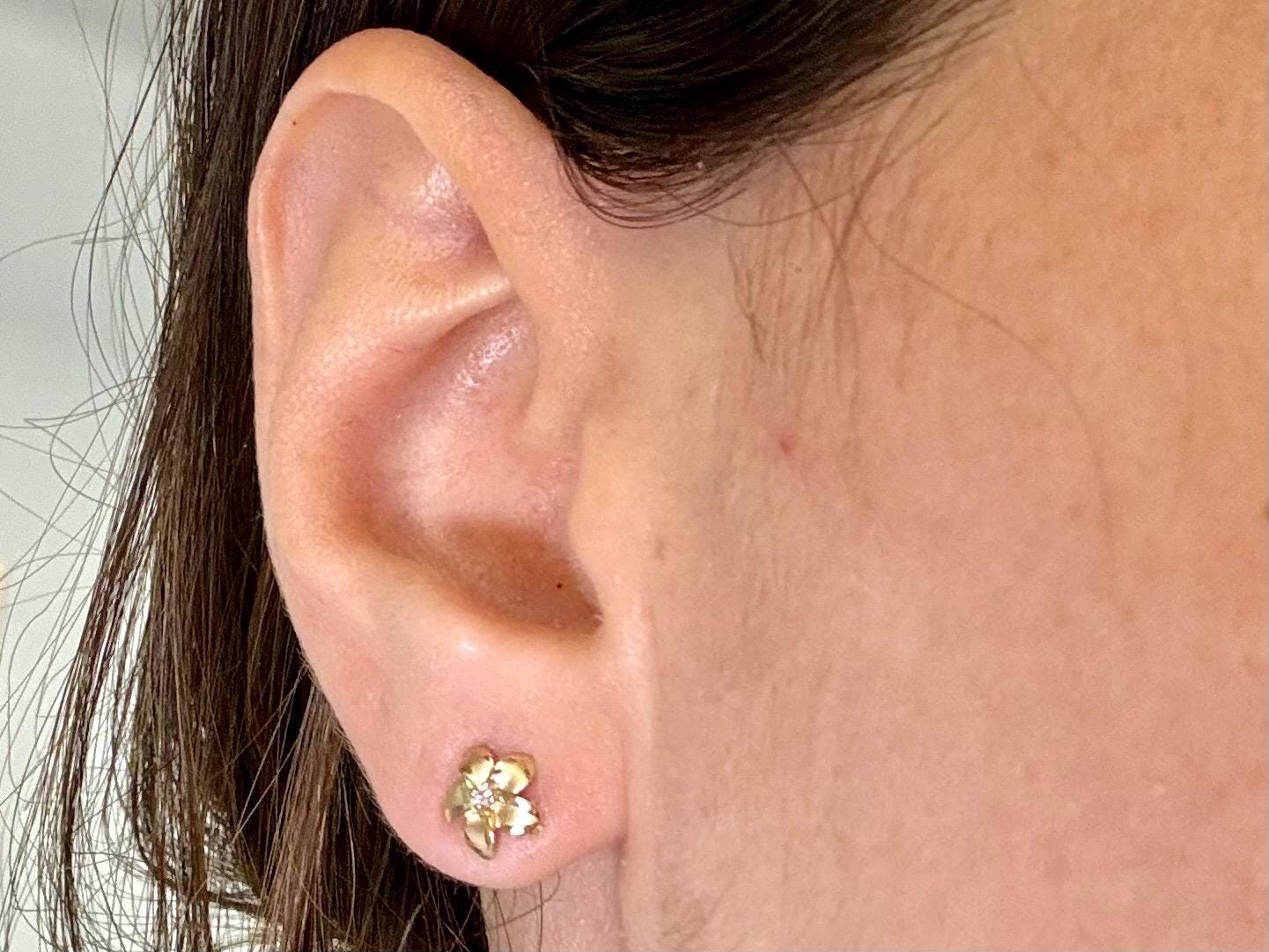 14K Solid Gold Plumeria Earrings Flower Earrings  Gold Earrings Birthday Gift for her Gift for Mom Flower Studs Diamond Studs Gold Studs