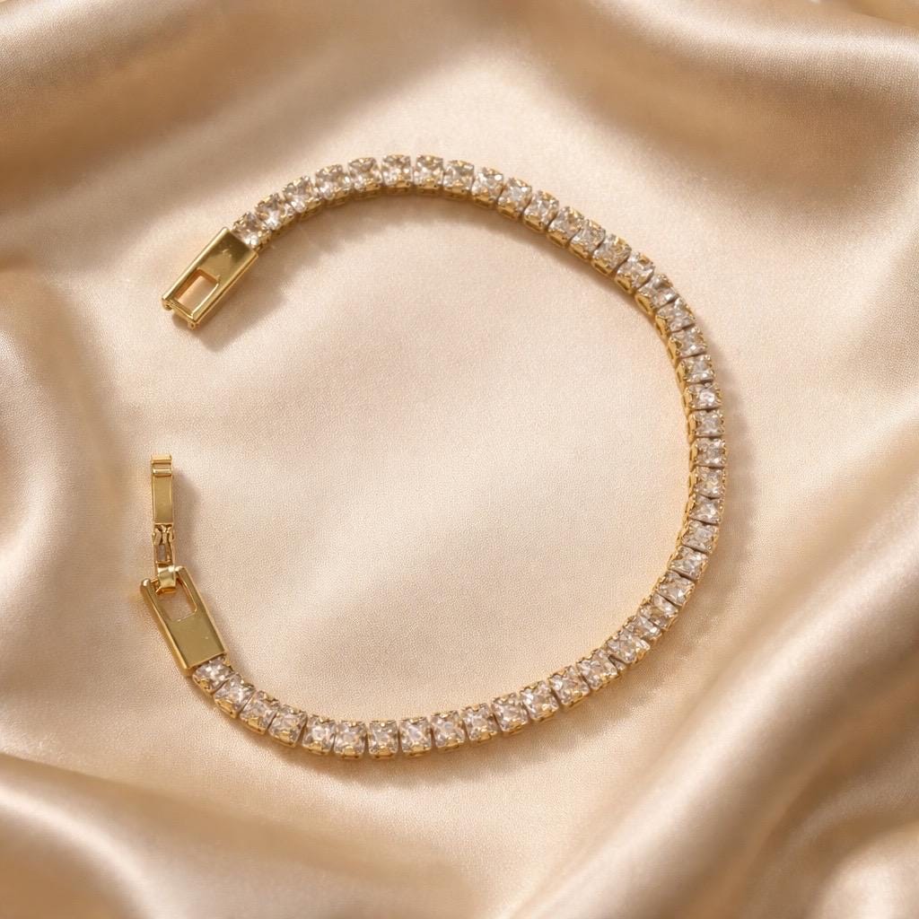 Dainty Tennis Bracelet – Adjustable Gold Stackable Bracelet With Sparkling Cubic Zirconia