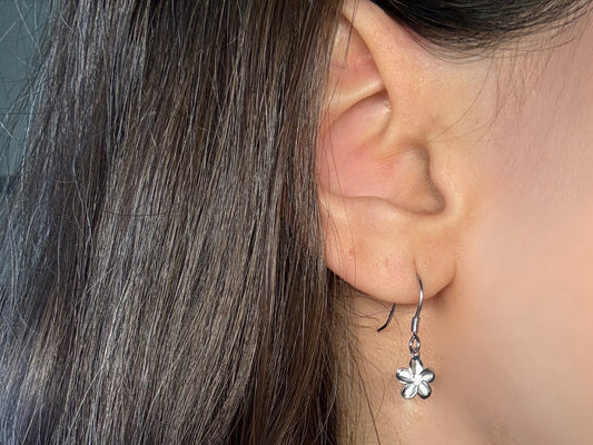 Hawaiian 925 Sterling Silver Rhodium Plated Plumeria Hanging Earrings Cute Gift for Wife Flower Mom Girlfriend sister Stone shiny CZ