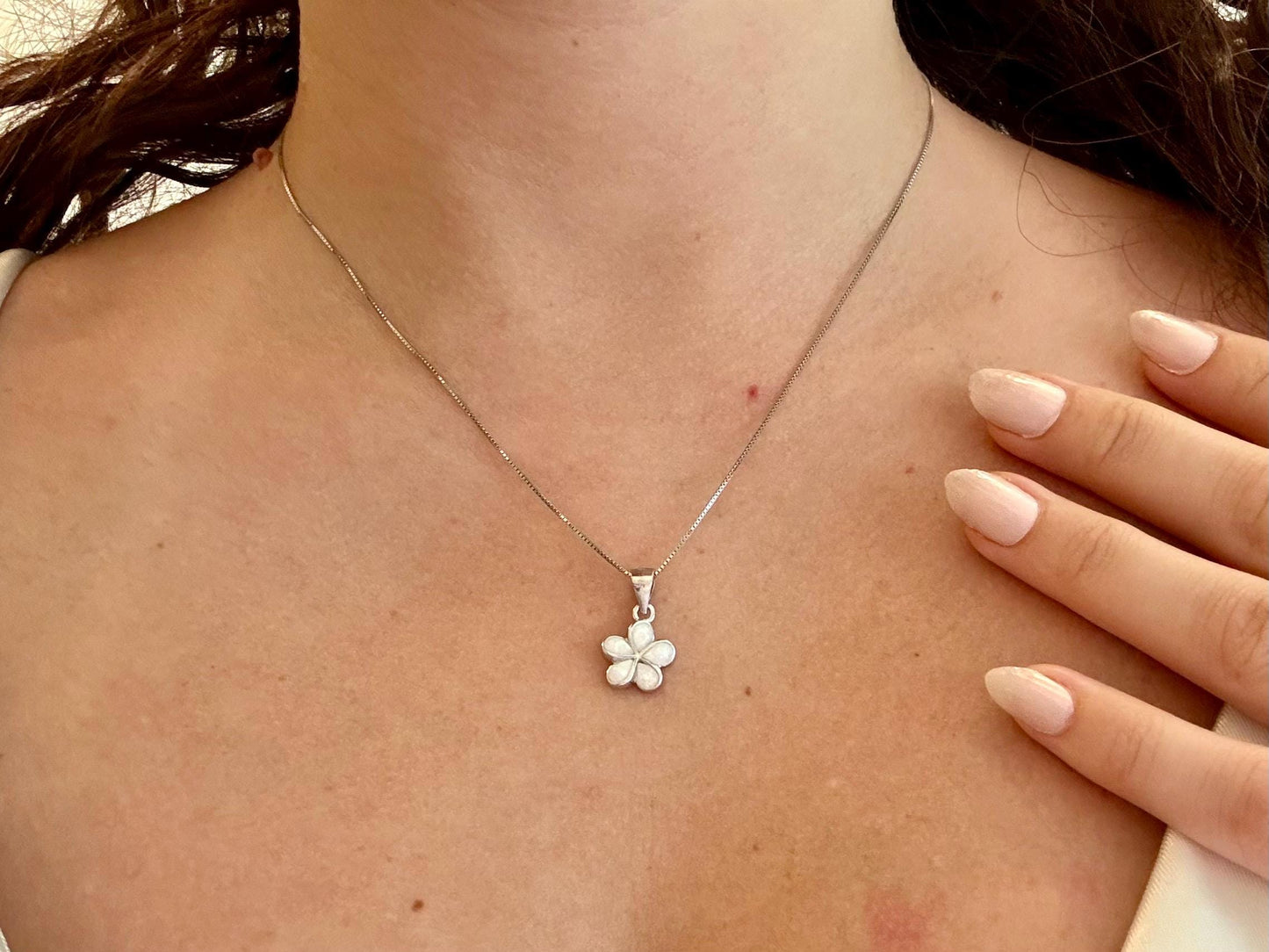 Dainty White Opal Plumeria Flower Necklace Tarnish Free with chain Girly Minimalist Floral Gift for Her Gift for Mom 925 Sterling Silver