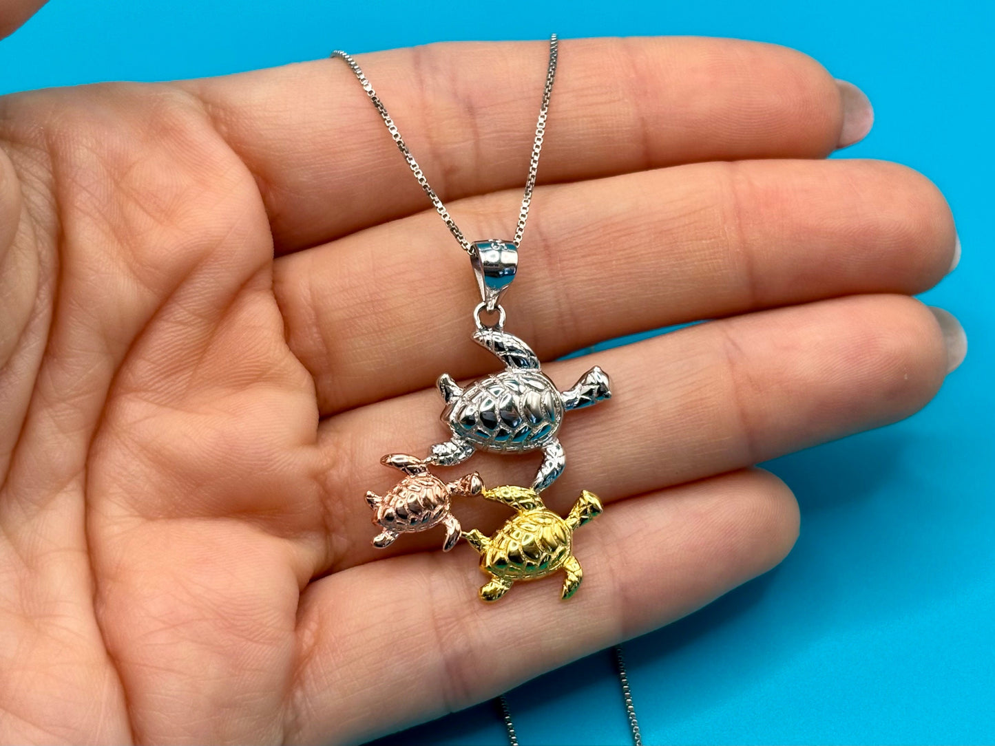 Hawaiian Turtle Family Necklace 925 Sterling Silver 3 Color Tarnish Free 14k Gold n Rose Plated w chain Honu Gift for Her Wife Oceanlovers