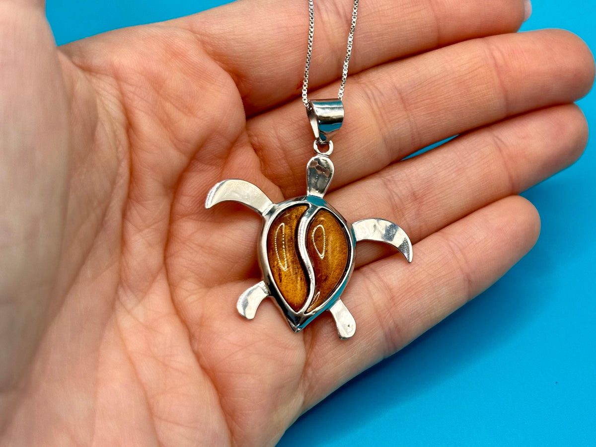 Koa Wood Turtle Necklace | Hawaiian Honu, 925 Sterling Silver, chain, gift, moana – handmade Hawaiian jewelry, Island Goddess Jewelry