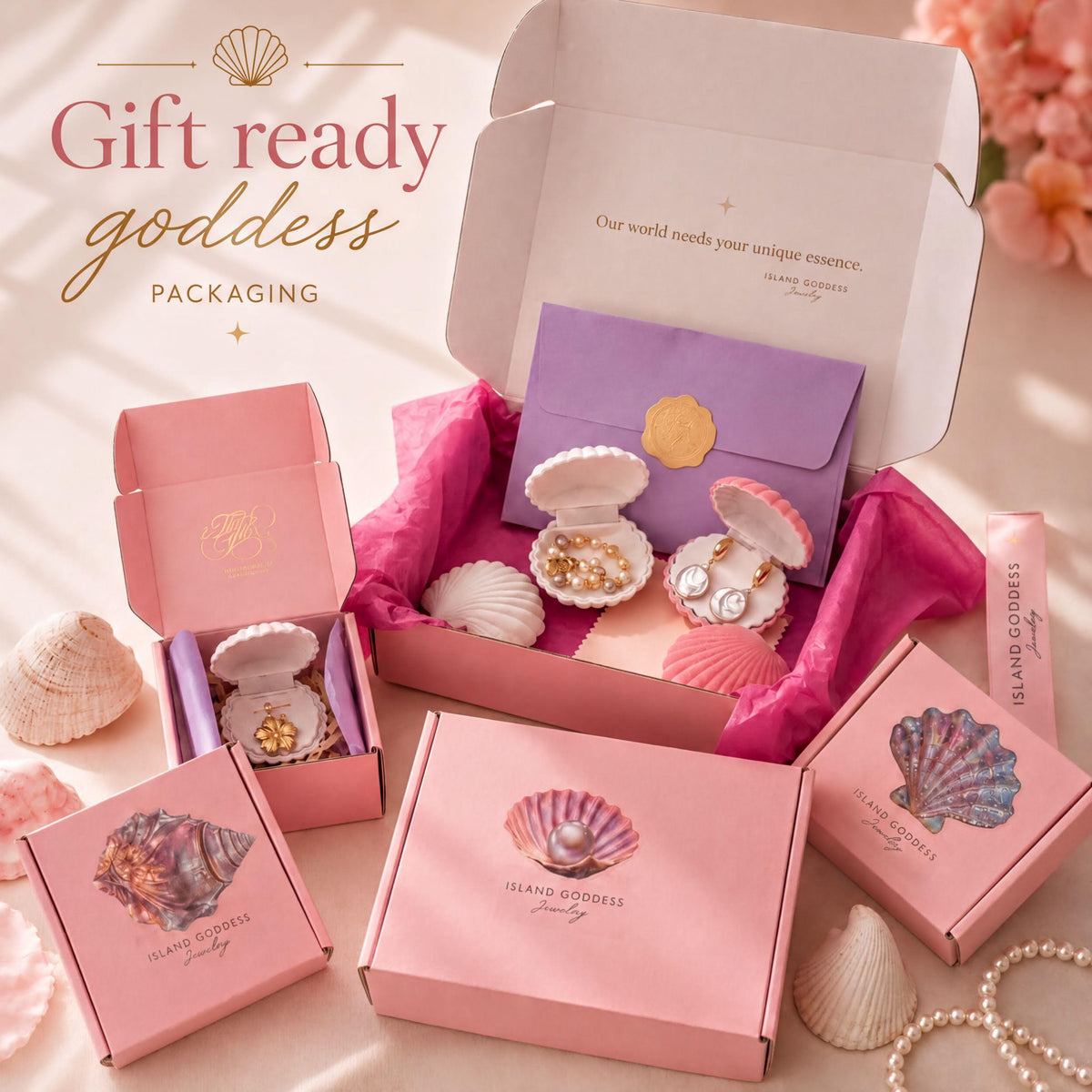a collection of pink gift boxes and jewelry, including earrings and a necklace, arranged on a pink background.