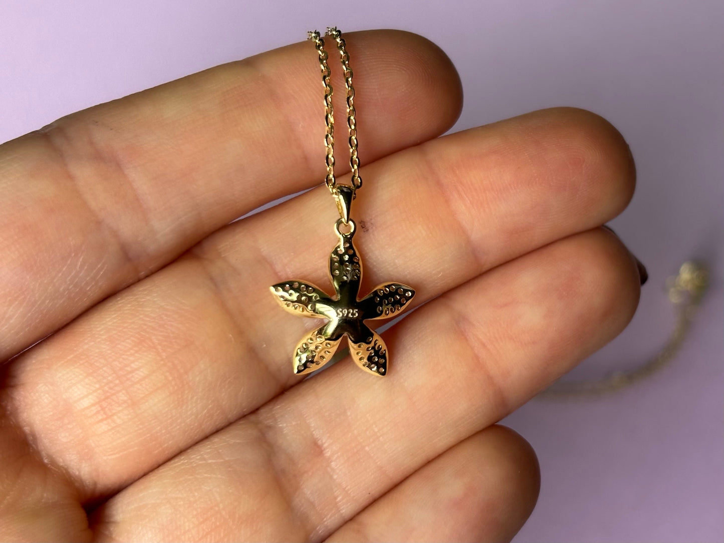 Hawaiian Plumeria Genuine Pearl Flower Necklace w chain 925 Sterling Silver 14K Gold Plated Cute Romantic Gift for her Tarnish Free CZ Stone