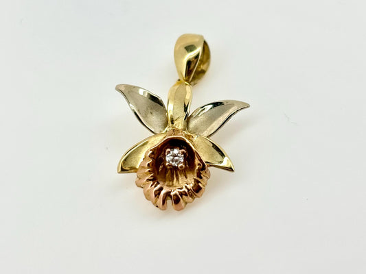 14K Solid Gold Orchid Pendant with 0.2 ct Diamond Flower Pendant Orchid Necklace Gold Pendant Birthday Gift for her for Mom Flower Necklace