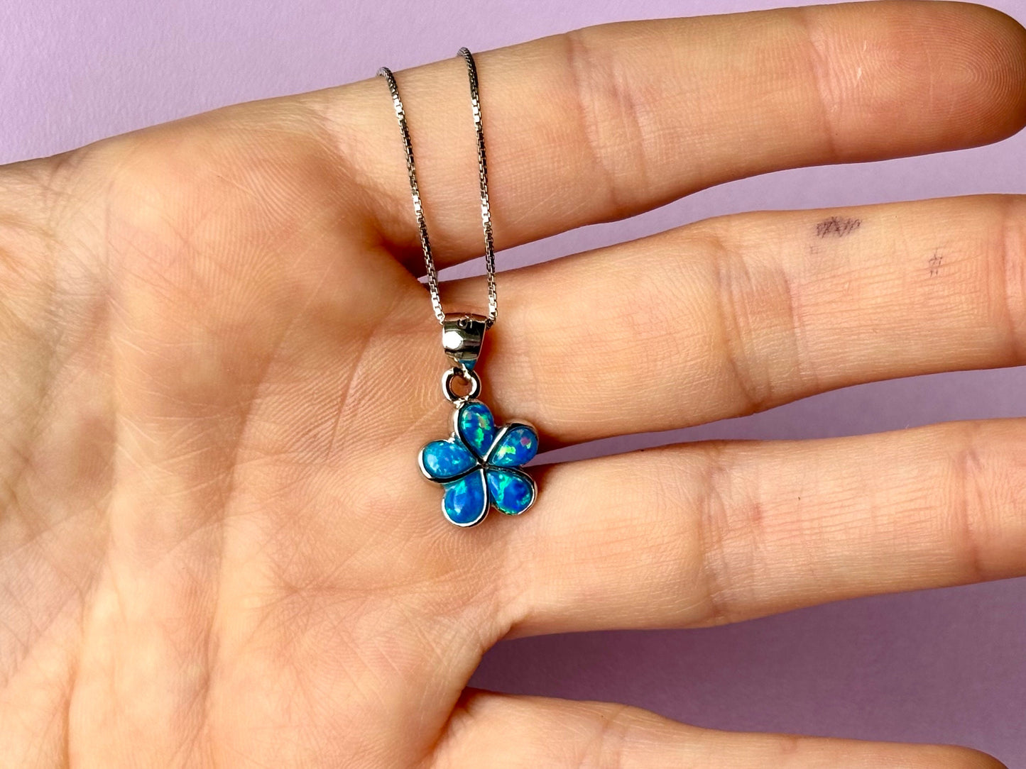 Hawaiian Plumeria Flower Necklace 925 Sterling Silver Tarnish Free Blue Opal Necklace with Chain Gift for her Oceanlover Wife Daugther Mom