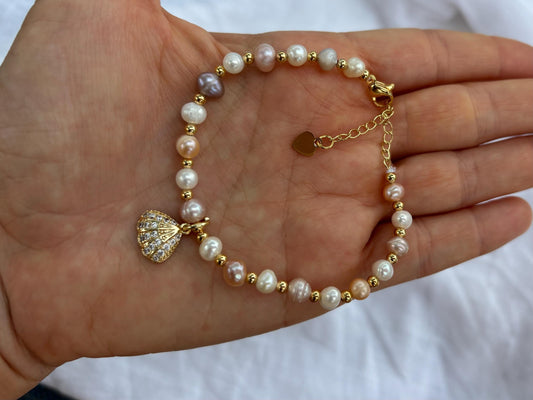 Natural Freshwater Pearl Bracelet – Adjustable Copper Shell Charm Jewelry Gift
