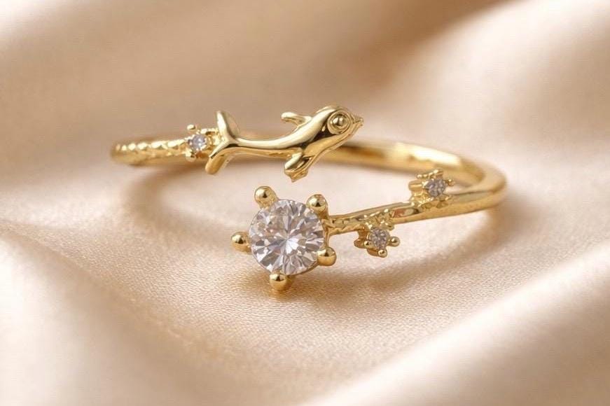 Dolphin Ring – Adjustable 14K Gold Plated Stackable Ocean Ring With Cubic Zirconia
