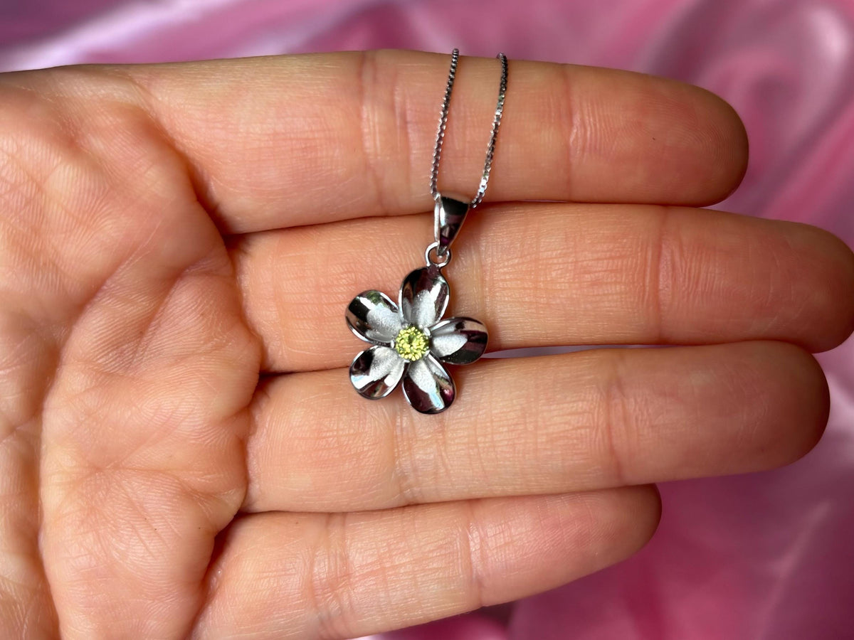 Plumeria Flower Necklace, Peridot, 925 Sterling Silver, Tarnish Free, gift for her, mothers day gift, gift for mom – handmade Hawaiian jewelry, Island Goddess Jewelry