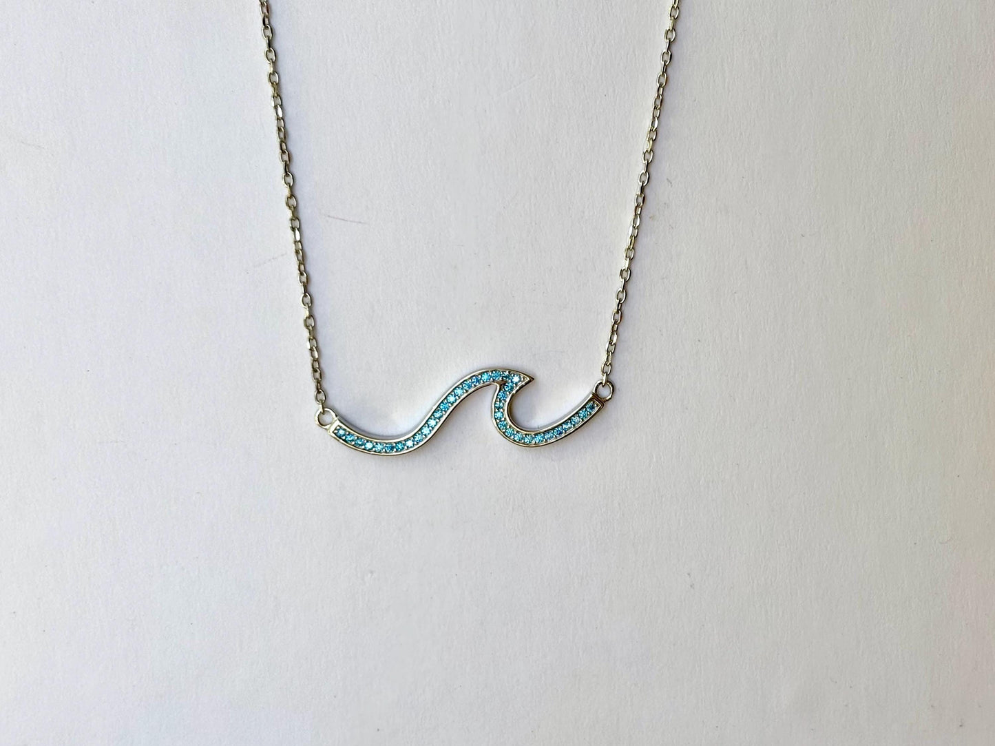 Hawaiian Blue Cubic Zirconia Wave Necklace - 925 Sterling Silver