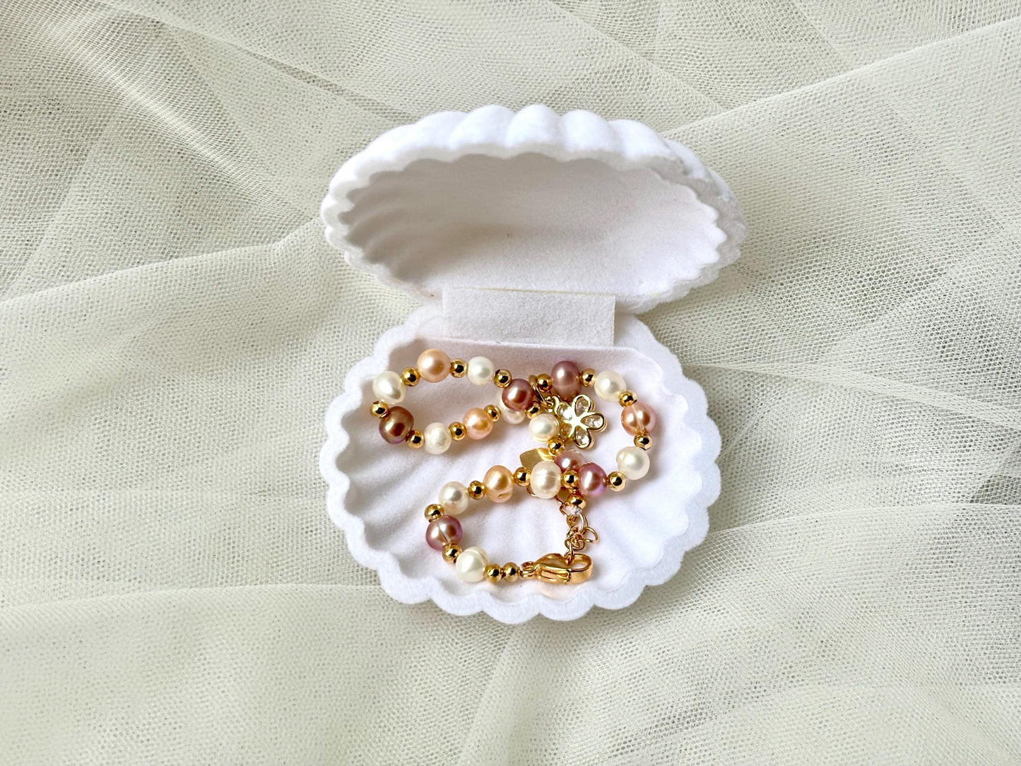 Genuine Natural Freshwater 3 Color Pearl Bracelet Adjustable With Dainty Flower Charm Gold Color Birthday Gift For Her Gift for Girlfriend