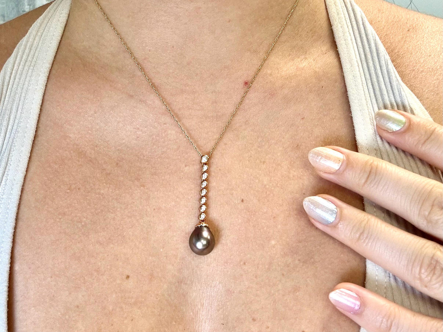 Genuine Natural Tahitian Pearl Necklace Black Pearl Pendant with 14K Rose Gold Diamond Necklace Birthday Gift for Her Diamond Pendant