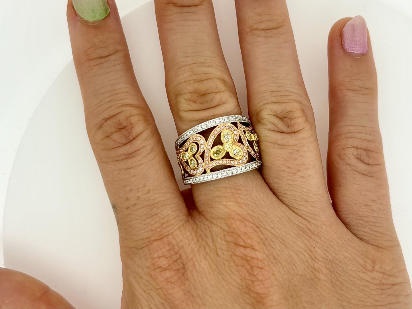 18K Solid Gold Heart Ring with Yellow and White Diamonds