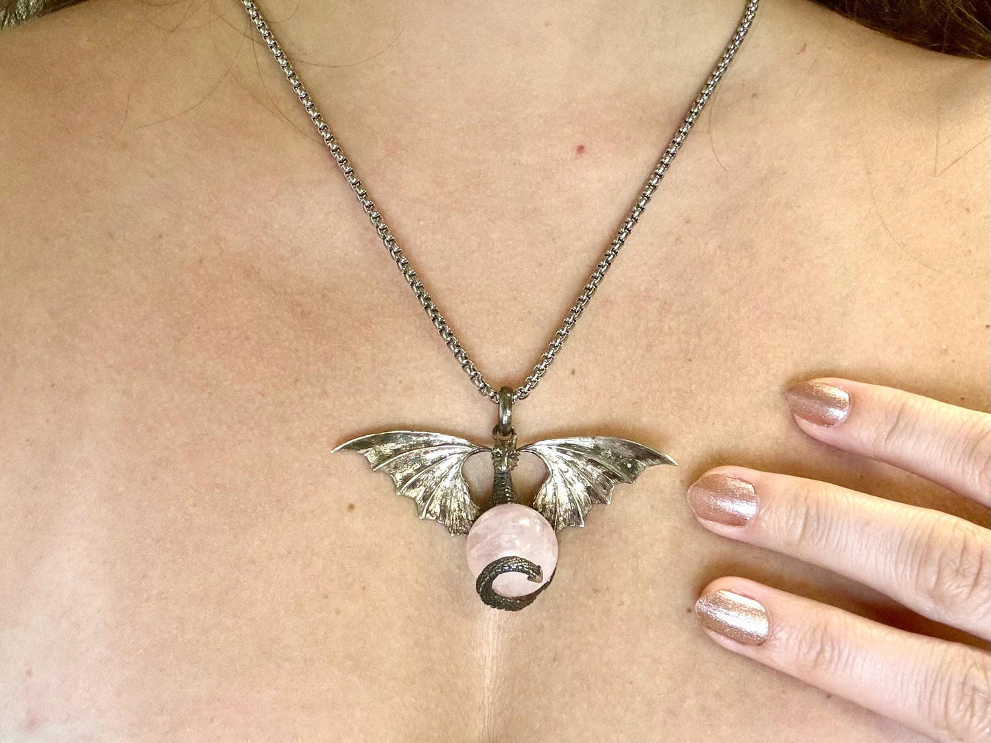 Dragon Necklace Dragon Pendant Halloween Necklace Costume Jewelry Rose Quartz Pendant Witch Jewelry Witch Pendant