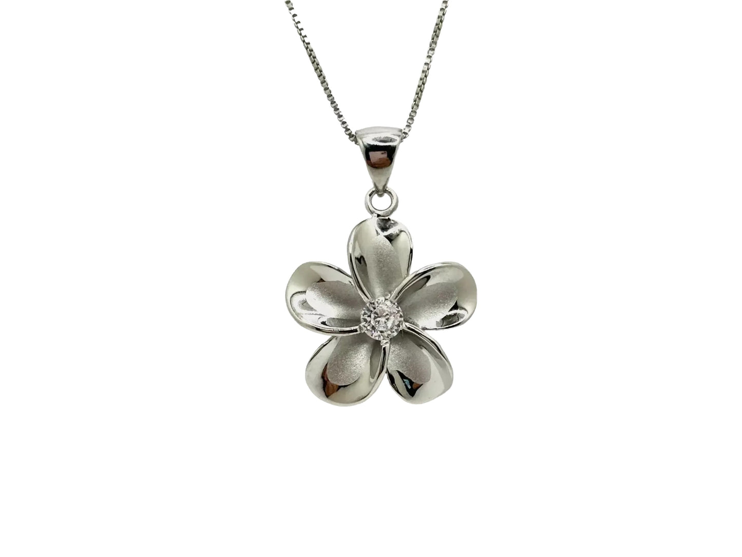 A silver-colored pendant necklace with a single flower-shaped pendant featuring a small gemstone in the center.
