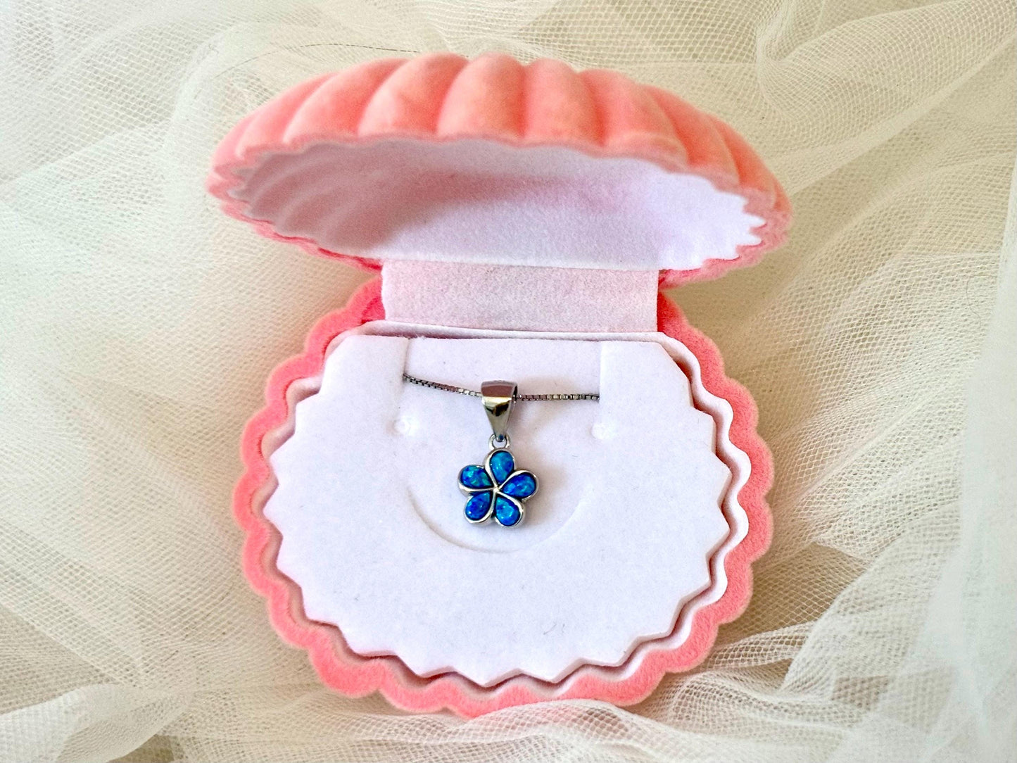 Dainty Blue Opal Plumeria Flower Necklace Tarnish Free with chain Girly Minimalist Floral Gift for Her Gift for Mom 925 Sterling Silver