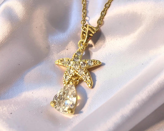 Gold Starfish Necklace - Beach Jewelry With Cubic Zirconia Pendant, Tarnish Resistant