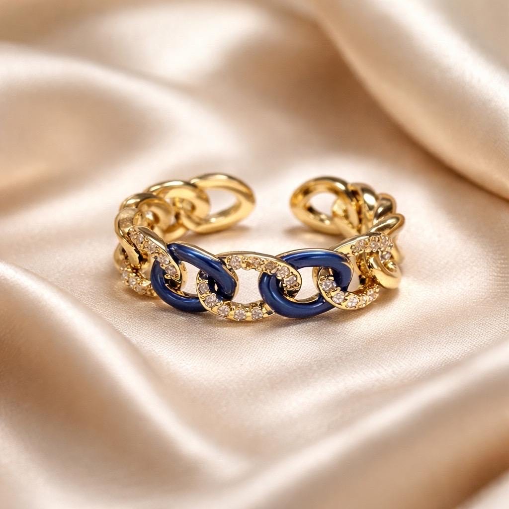 Blue Enamel Ring – Adjustable Stackable Stainless Steel Ring with Sparkling Cubic Zirconia