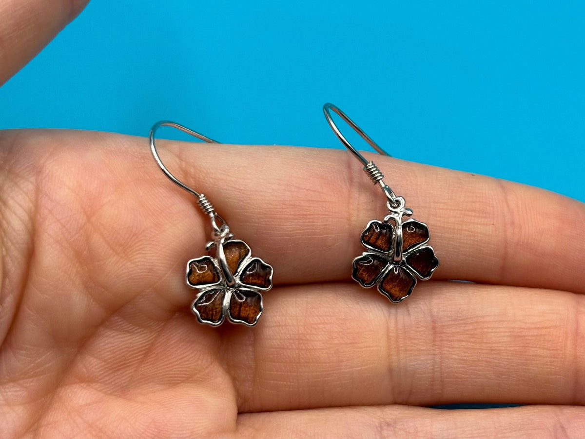 Koa Wood Hibiscus Earrings | Sterling Silver Dangle, Hawaii Jewelry, hawaiian, chain, flower – handmade Hawaiian jewelry, Island Goddess Jewelry