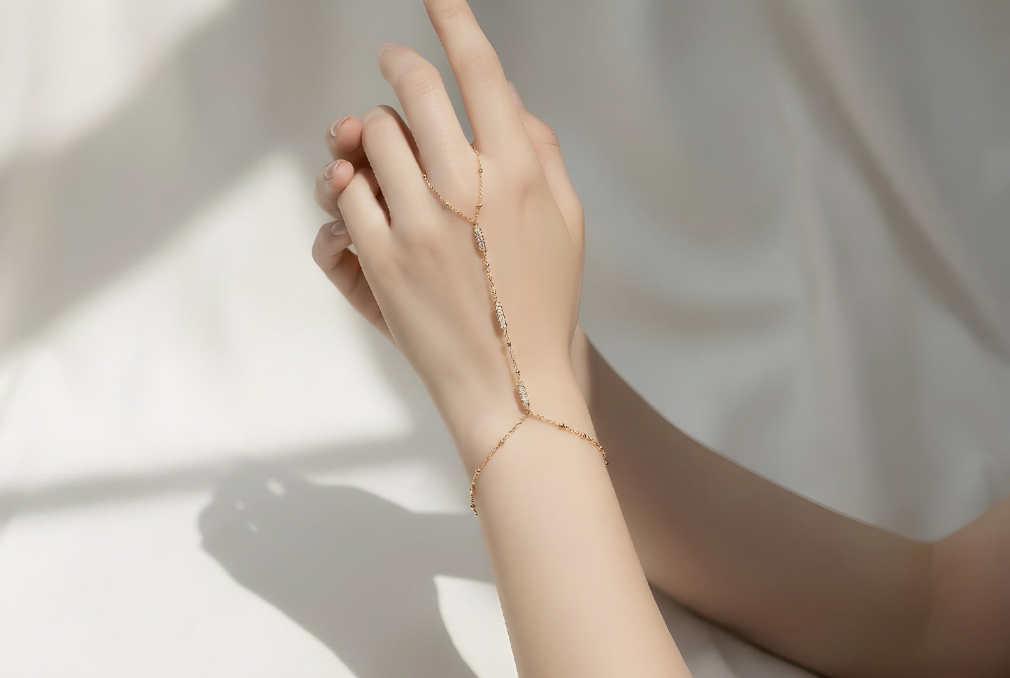 Hand Chain Bracelet - Adjustable Gold Plated Bracelet With Cubic Zirconia Stones