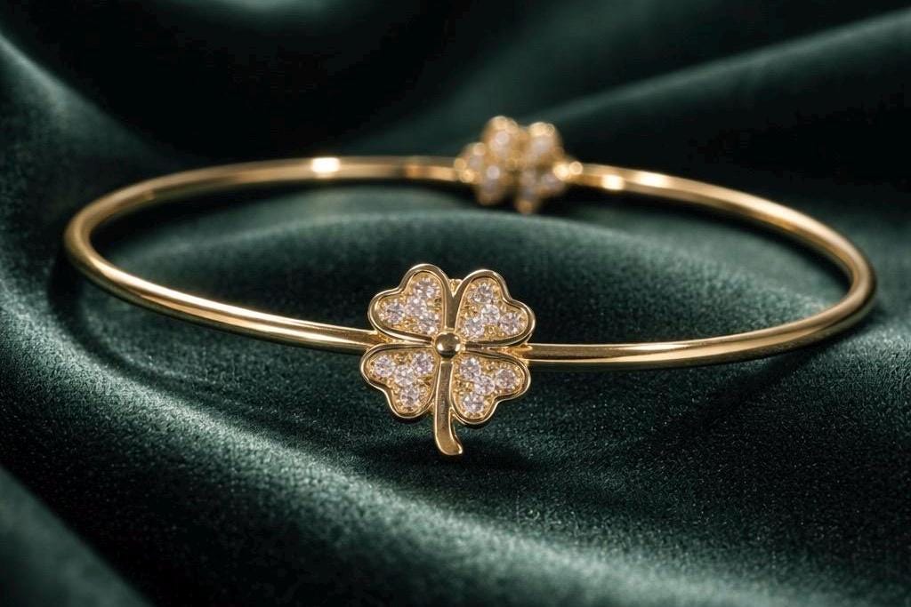 Four Leaf Clover Bracelet – Adjustable Gold Plated Stackable Jewelry With Cubic Zirconia