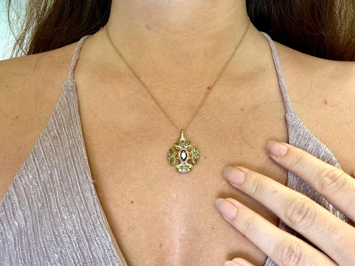 14K Yellow Gold Multi-Gemstone Pendant ,Tanzanite Citrine Peridot Amethyst Pendat , Colorful Jewelry Birthday gift, anniversary gift for her