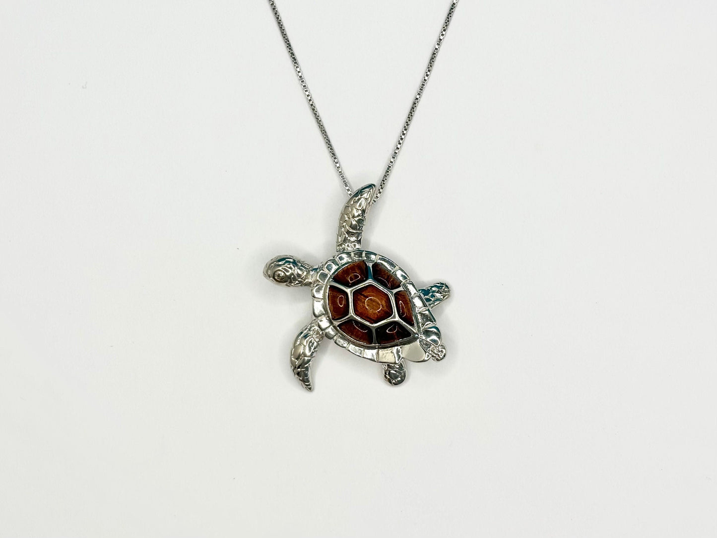 Large Sea Turtle Necklace – 925 Sterling Silver with Koa Wood