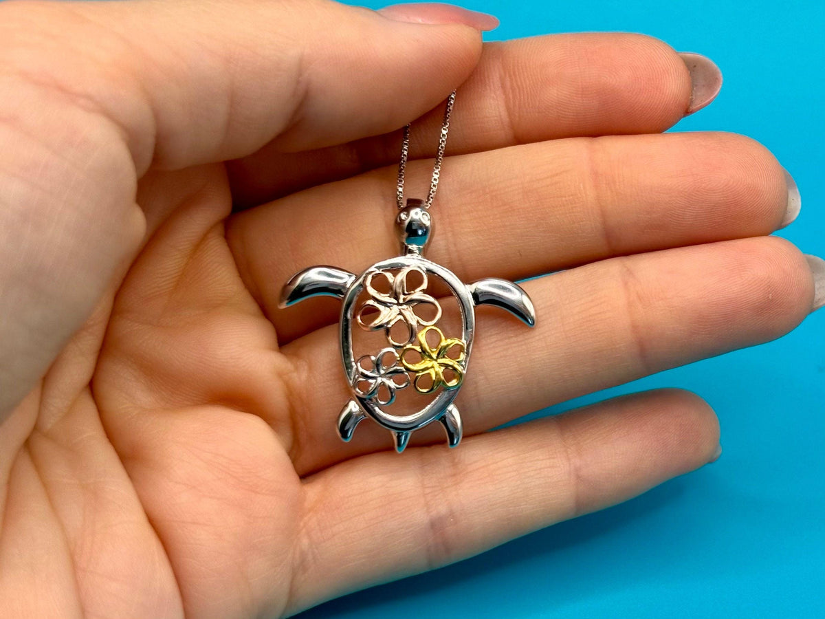 Hawaiian Turtle Necklace, 3-Color Plumeria Honu, 925 Silver Gifts, gift for her, grandma necklace, mothers day – handmade Hawaiian jewelry, Island Goddess Jewelry