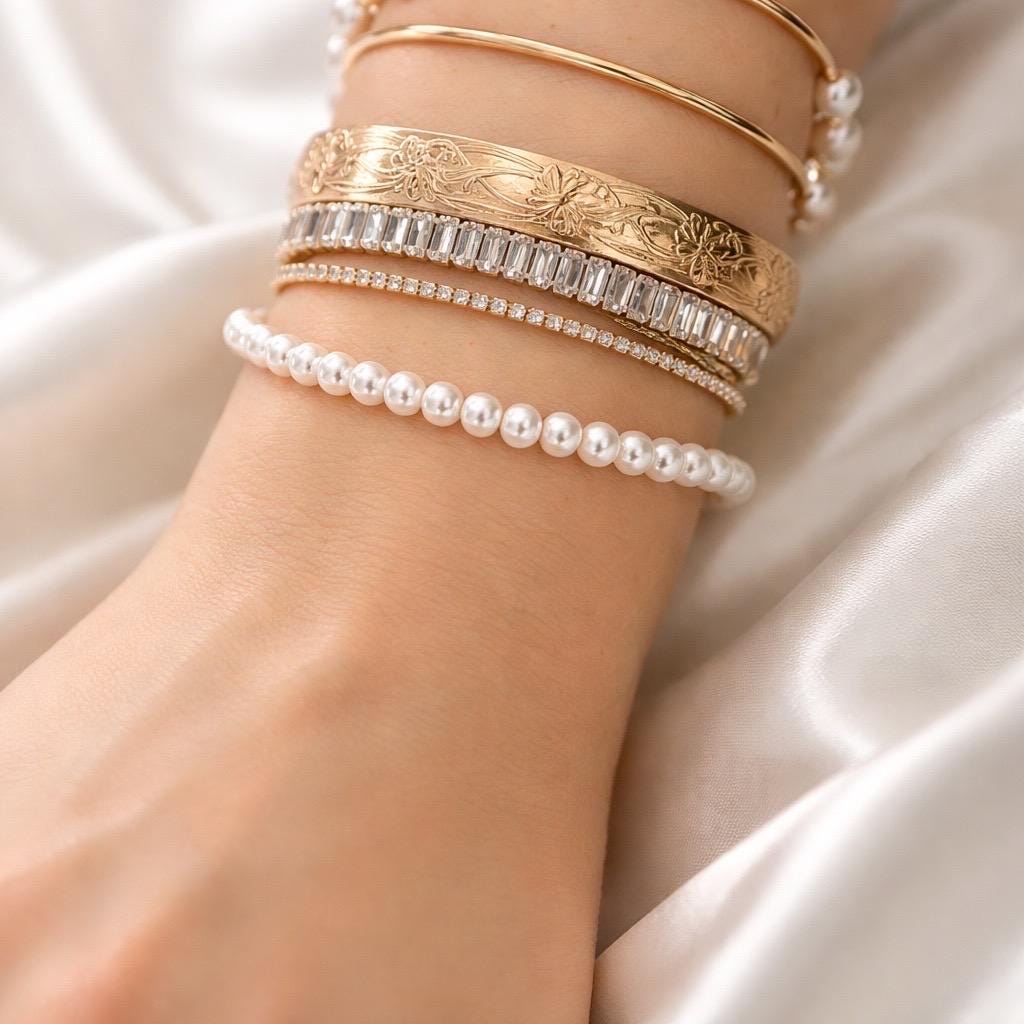 Dainty Pearl Tennis Bracelet – Adjustable Gold Stackable Bracelet with Cubic Zirconia Sparkle
