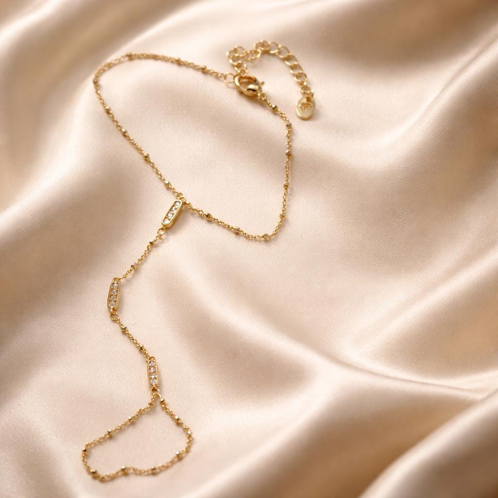 Hand Chain Bracelet - Adjustable Gold Plated Bracelet With Cubic Zirconia Stones