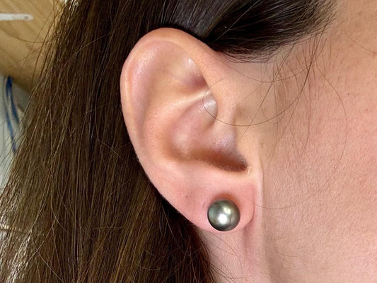 Black Tahitian Pearl Earrings Gold Studs Pearl Studs, 14K Solid Gold Elegant Everyday Earrings Jewelry Gift for Her