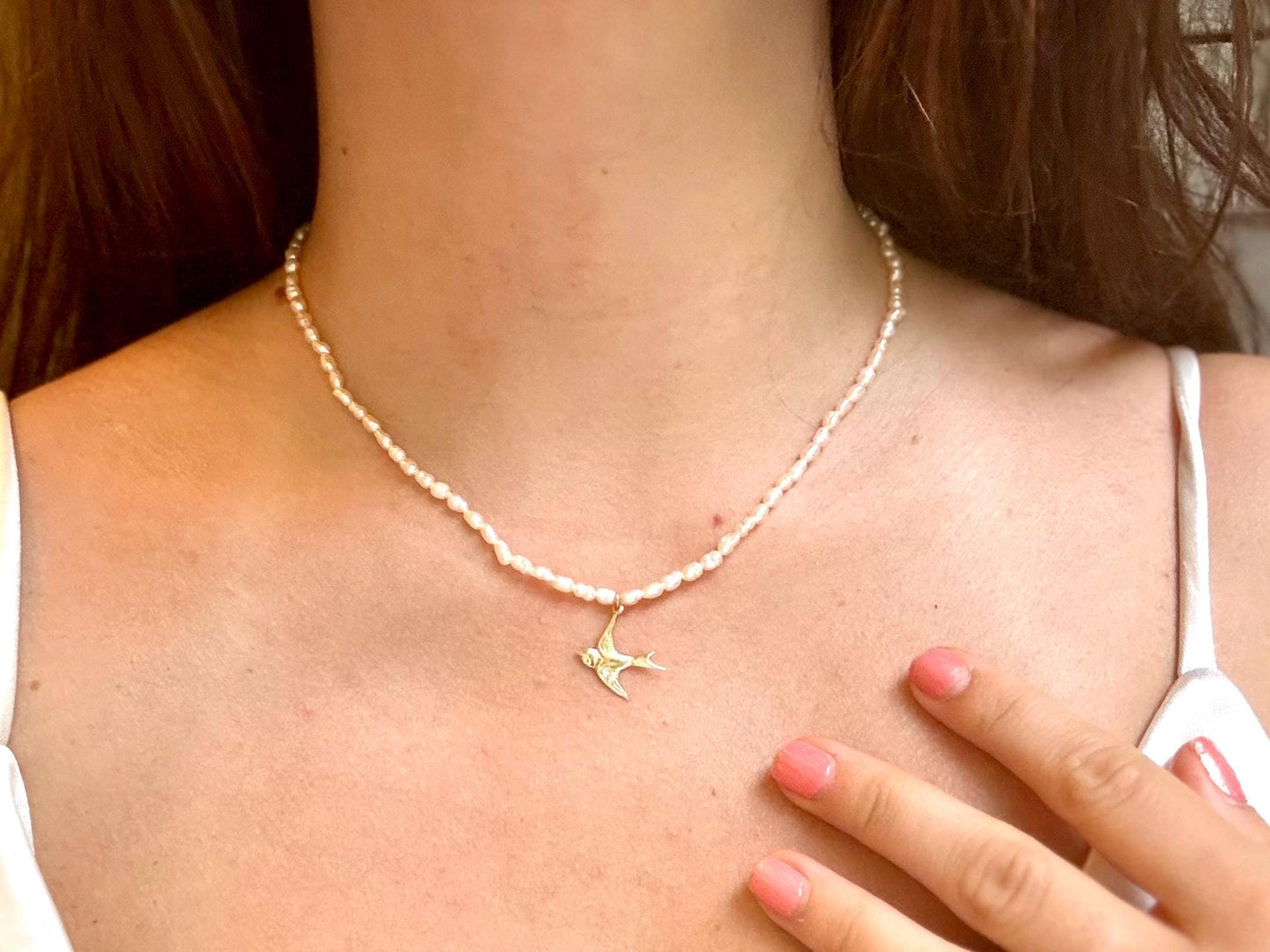 Gold Bird Necklace Genuine Freshwater White Pearl Necklace Birthday Gift for Girlfriend Nature Inspired Gold Filled Dainty Gift For Her