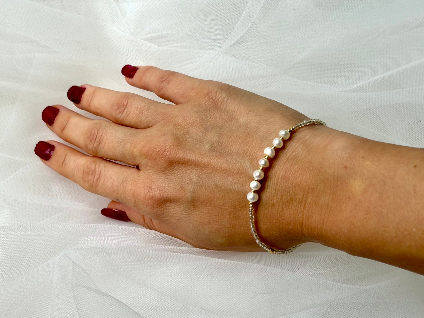Healing Crystal Birthstone April Bracelet Genuine Freshwater Whitew Pearl Rainbow Quartz Bracelet Adjustable Tarnish Free Gift For Her