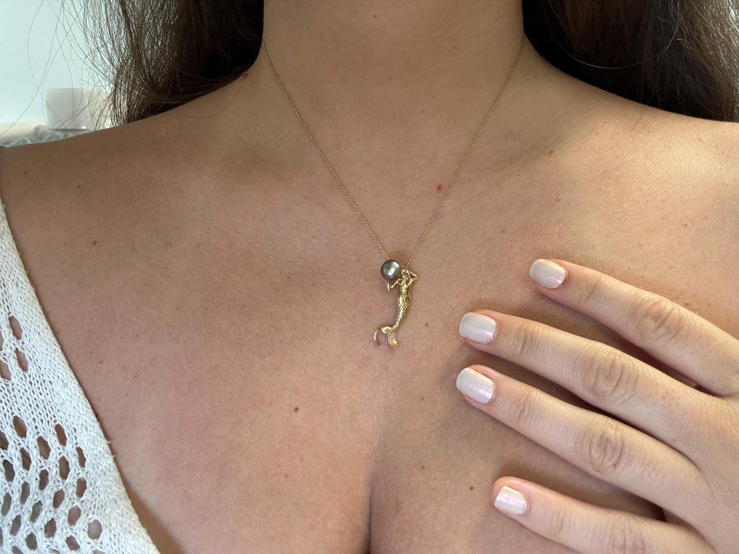 The Siren’s Pearl – 14K Gold Mermaid Pendant with Tahitian Black Pearl