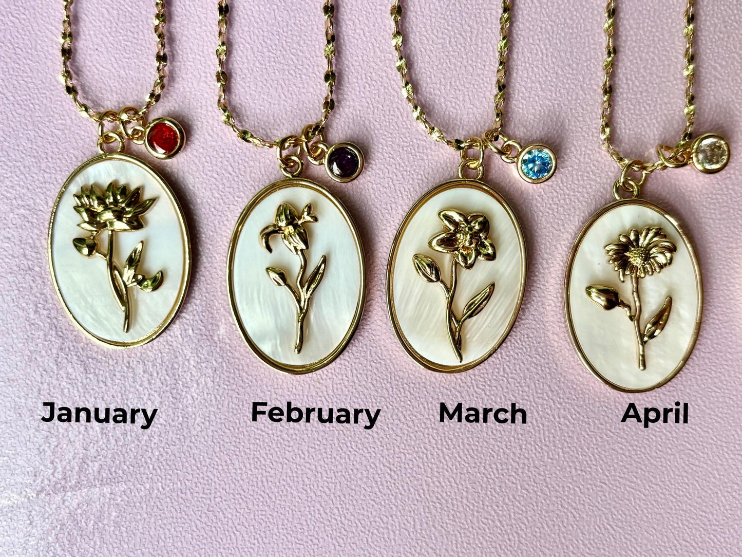 Birth Flower Necklace Stainless Steel 18K Gold Plated Necklace Birthstone Birthday Gift for Her - Gift for Mom , Gift for Girlfriend