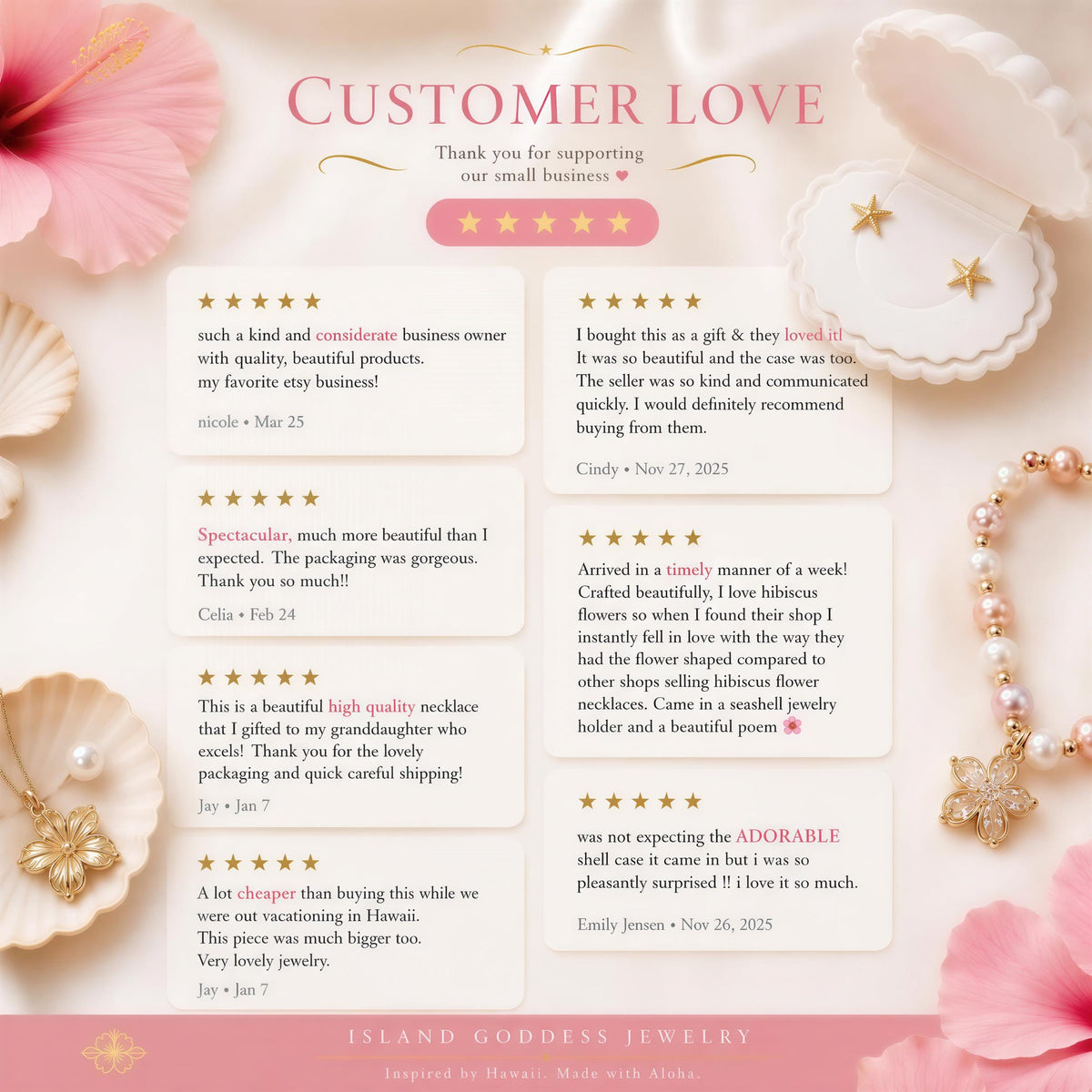 The image is a collage of customer reviews for a jewelry business called "ISLAND GODESS JEWELRY", which is inspired by Hawaii music with a tropical theme. The reviews express customer love for the business, with praise for the quality and beauty of the products, as well as the exceptional customer service provided by the business owner. The reviews highlight the unique and beautiful designs of the jewelry, as well as the exceptional customer experience.