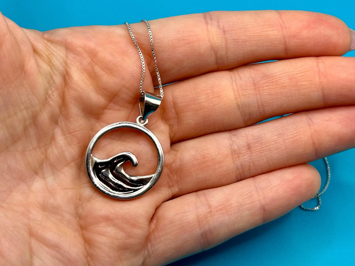 Koa Wood Wave Necklace, Sterling Silver Hawaii Ocean Gift For Her, nontarnish, round, surfer – handmade Hawaiian jewelry, Island Goddess Jewelry