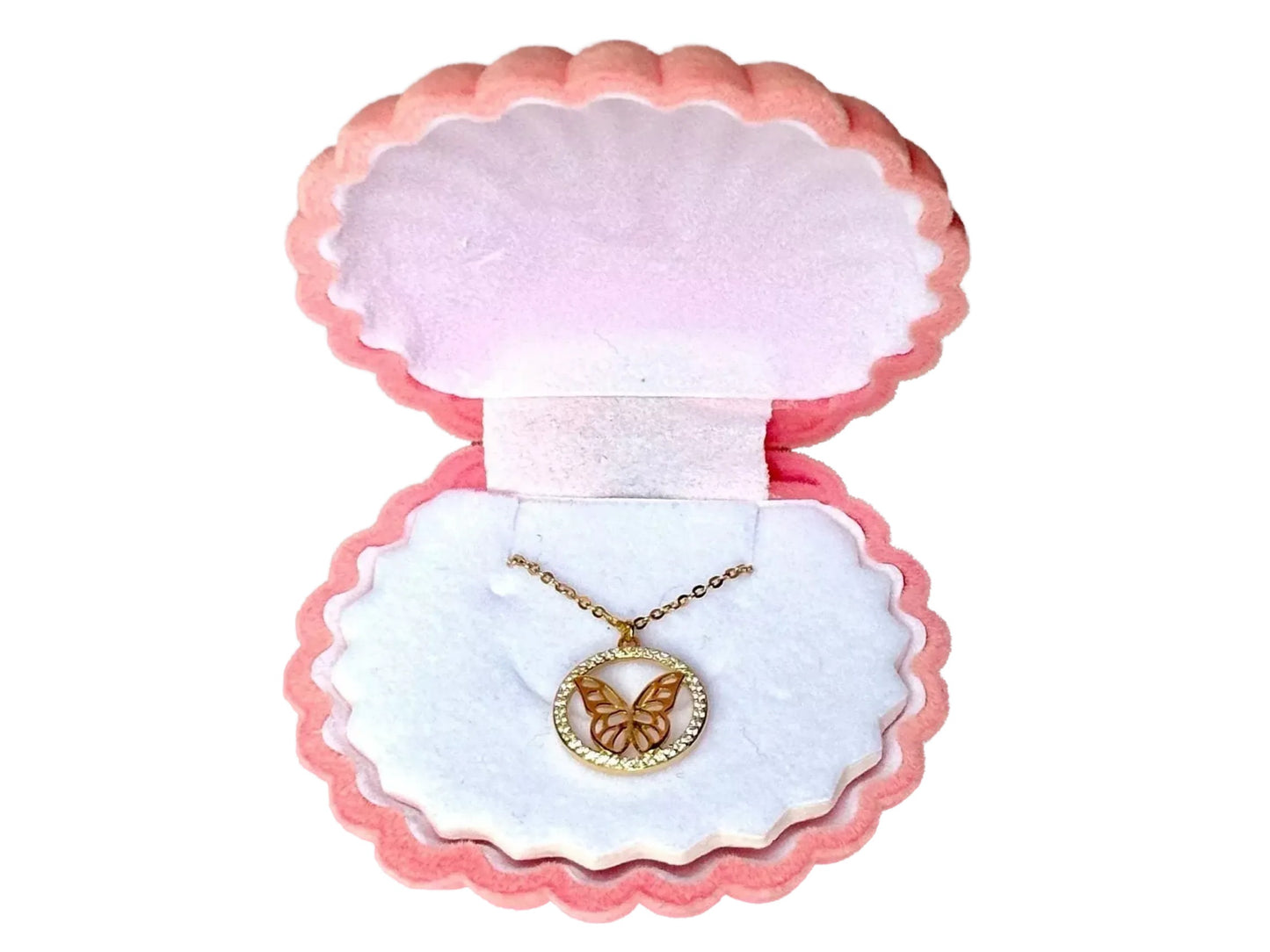 A pink and white jewelry box containing a necklace with a butterfly pendant.